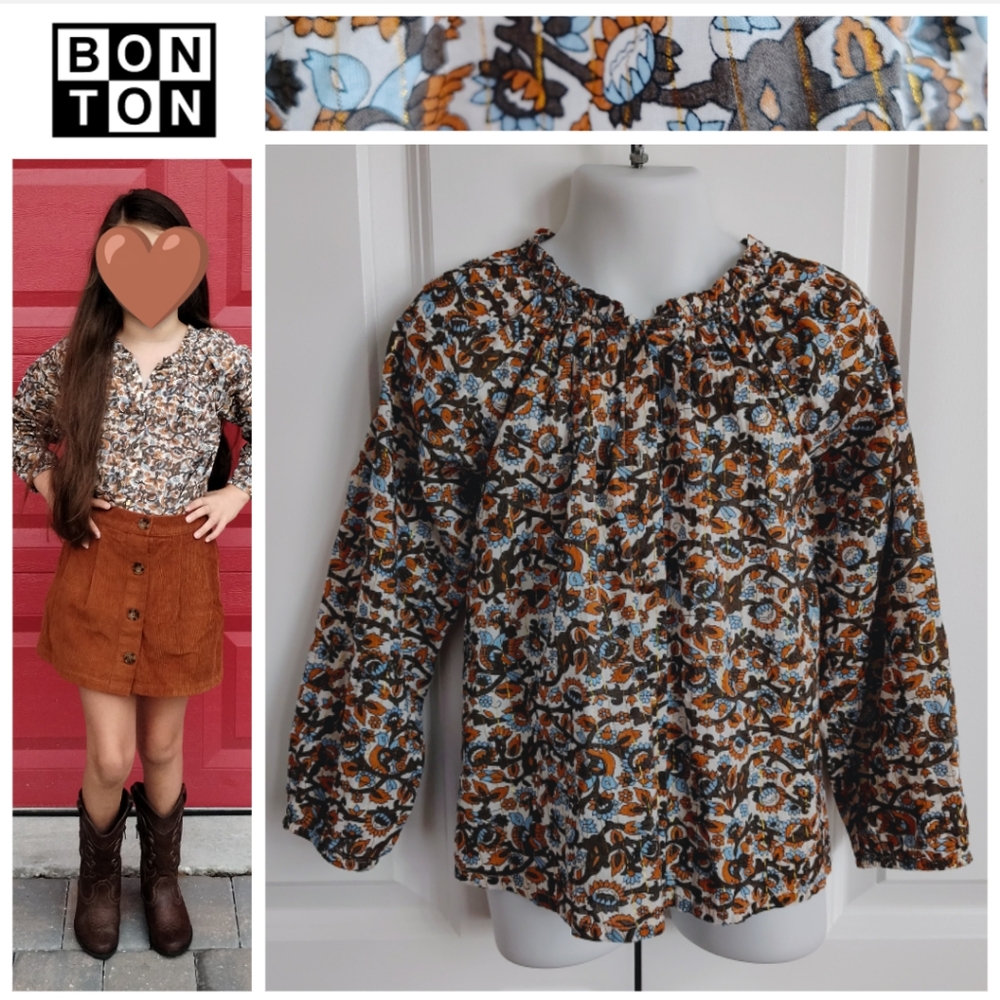 Bonton Gold Shimmer Floral Blouse (French Brand)